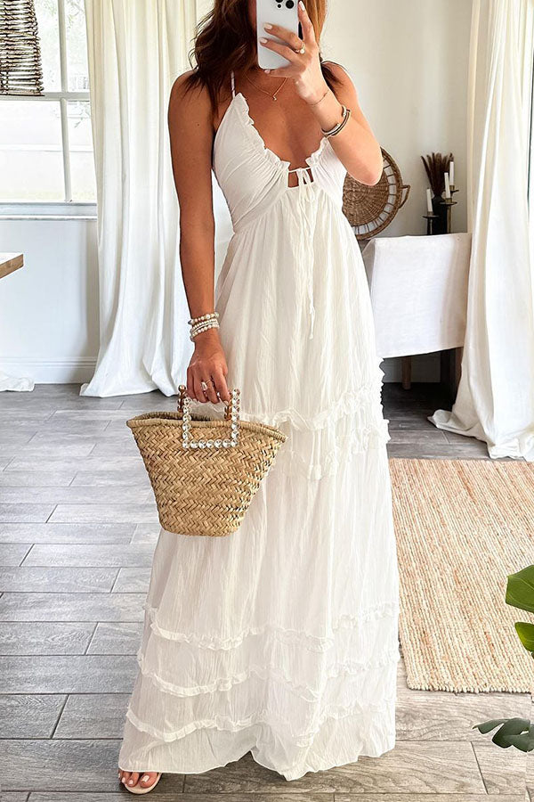 Luxurious Vacay Ruffle Trim Back Tie-up Halter Maxi Dress