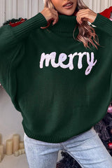 Happy Holidays Contrast Monogram Turtleneck Dolman Sleeve Sweater