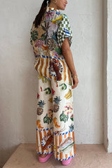 Perfect Day Linen Blend Tropical Fruit Print Elastic Waist Pocketed Wide Leg Pants