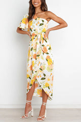 Kaycie Floral One Shoulder Belted Wrap Midi Dress