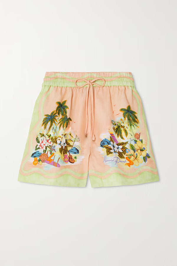 Coconut Scenery Linen Blend Tropical Print Blouse and Elastic Waist Pocketed Shorts Set