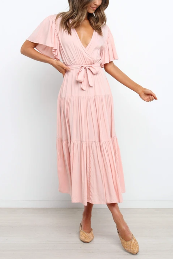 Elegant Flared Sleeve Tie Midi Dress