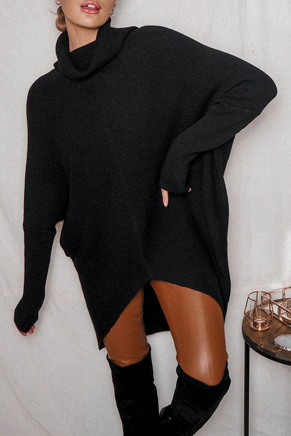 Perfect  Winter Walks Knit Turtleneck High-low Hem Loose Midi Sweater