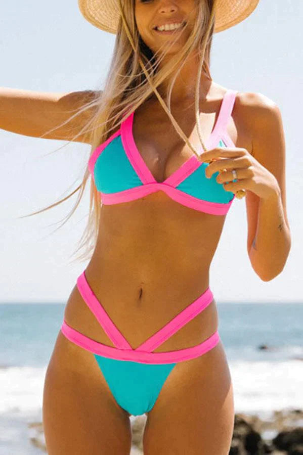 Fluorescent Color Block Stitching Bikini