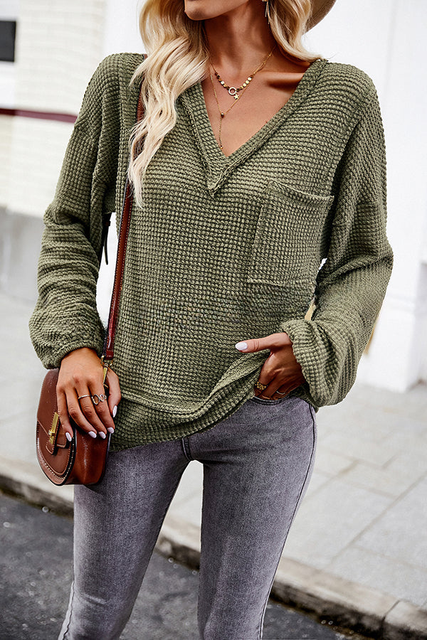 Snao V Neck Knitted Patchwork Pocket Long Sleeve Top