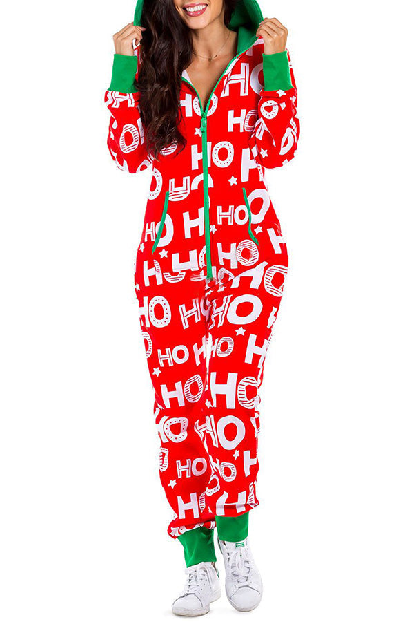 Loungewear-Overall mit Weihnachtsdruck, Reißverschlusstaschen und Kapuze