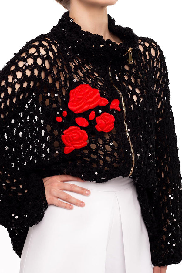 Festive Flicker Knit Sequin Rose Embroidery Pattern Hollow Out Zipper Cardigan