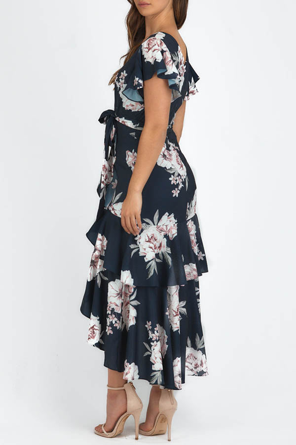 Bold Move Floral Wrap Ruffle Midi Dress