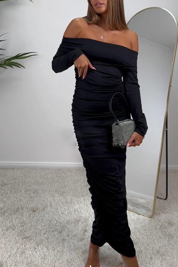 Desirable Beauty Off Shoulder Long Sleeve Ruched Stretch Maxi Dress