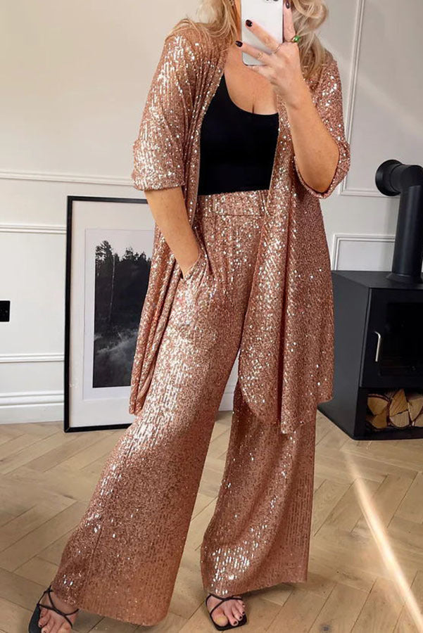 Be The Show Star Sequin Elastic Waist Pocketed Flare Pants