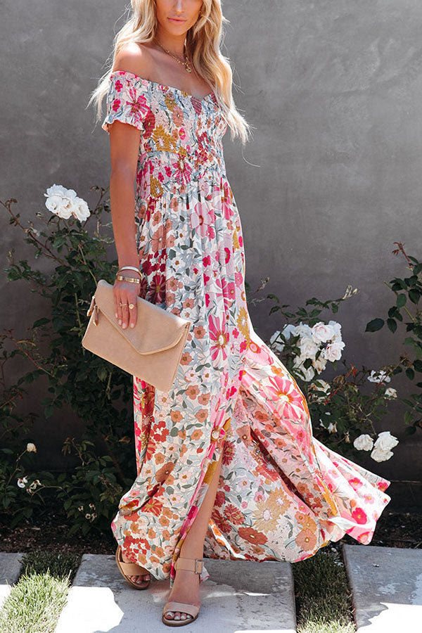 Put It In Print Smocked Slit Maxi Dress