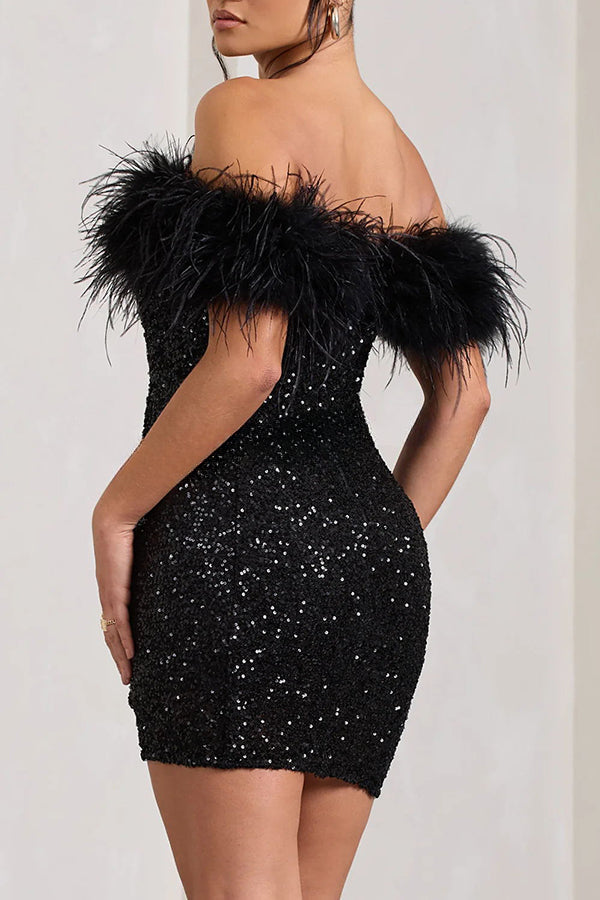 It's Show Biz Sequin Feather Trim Bodycon Mini Dress