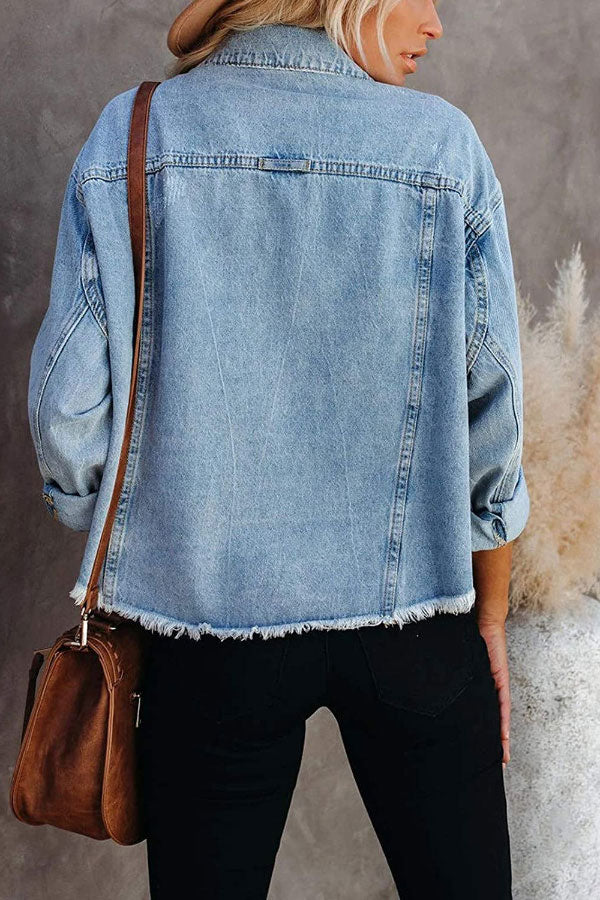 Versatile Washed Frayed  Denim Coat