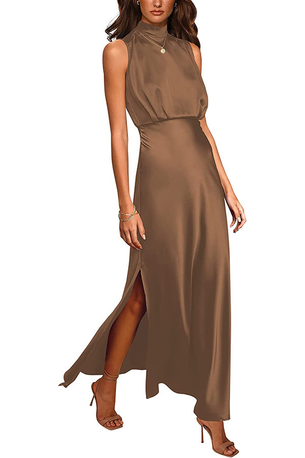 The Story of Us Satin High Neck Slit Maxi Dress