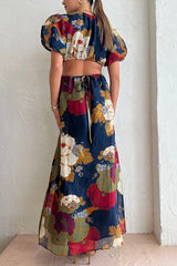 Our Greatest Love Watercolor Floral Puff Sleeve Cutout Elastic Waist Maxi Dress