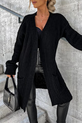 Solid Color Striped Pocket Long Sleeve Cardigan