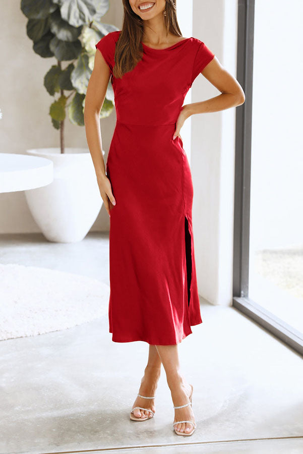 Slip Into The Night Satin Twist Back Slit Midi Dress