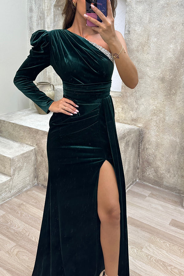 Mysterious Lady Velvet One Shoulder Sequin Trim Ruched Slit Maxi Dress