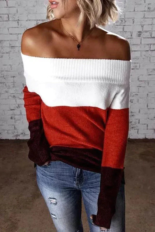 Lovely Chill Color Block Off Shoulder Sweater