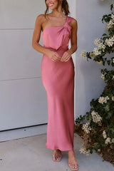 Grand Glimmer Satin One Shoulder Strap Maxi Dress