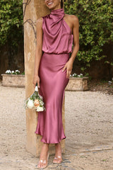 Perfectly Yours High Neck Elastic Waist  Satin Drape Maxi Dress