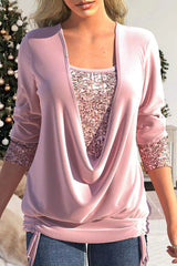 Christina Sequin Drape Neck Ruched Top