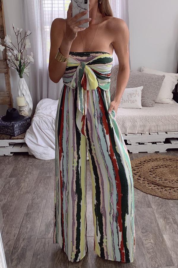 Tie Dye Slash Neck Bandeau Wide Leg Jumpsuit