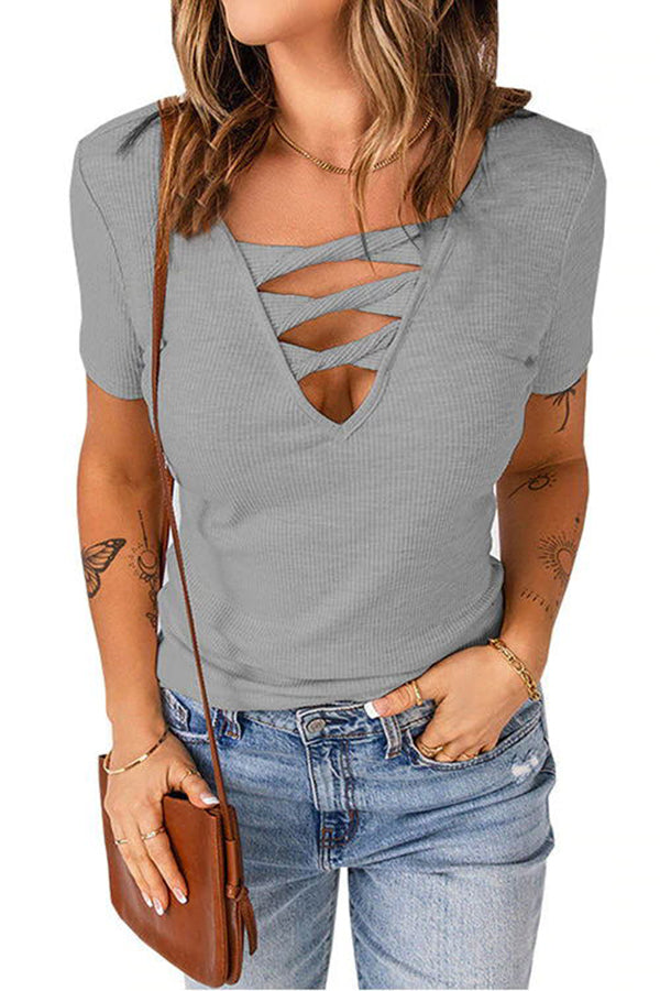 Capsize Strappy Hollow Neck Ribbed T Shirt