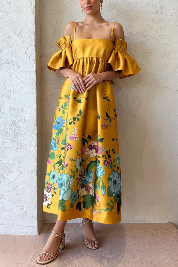 Sweetest Marigold Printed Gathered Sleeve Pocketed A-line Midi Dress