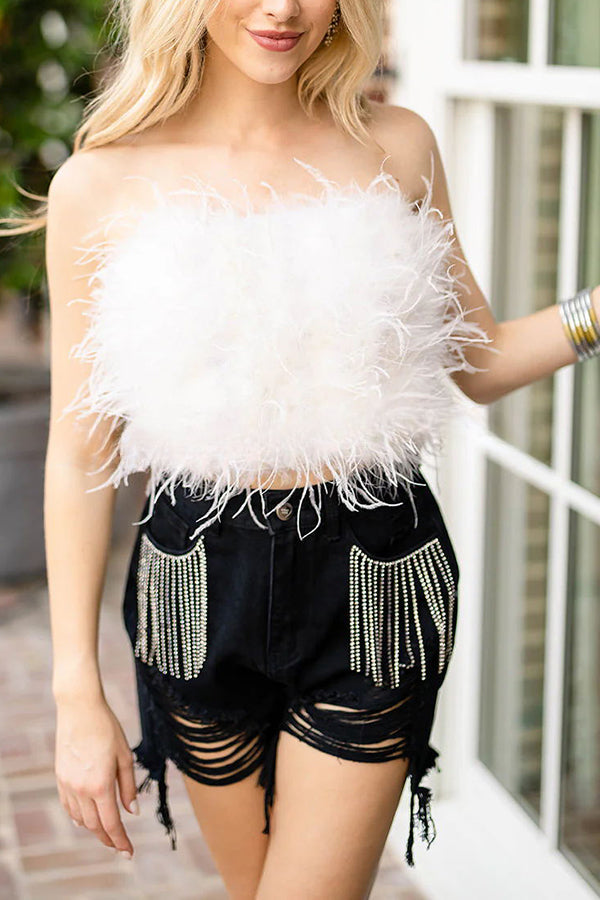 Fancy Night Out Off Shoulder Feather Crop Top