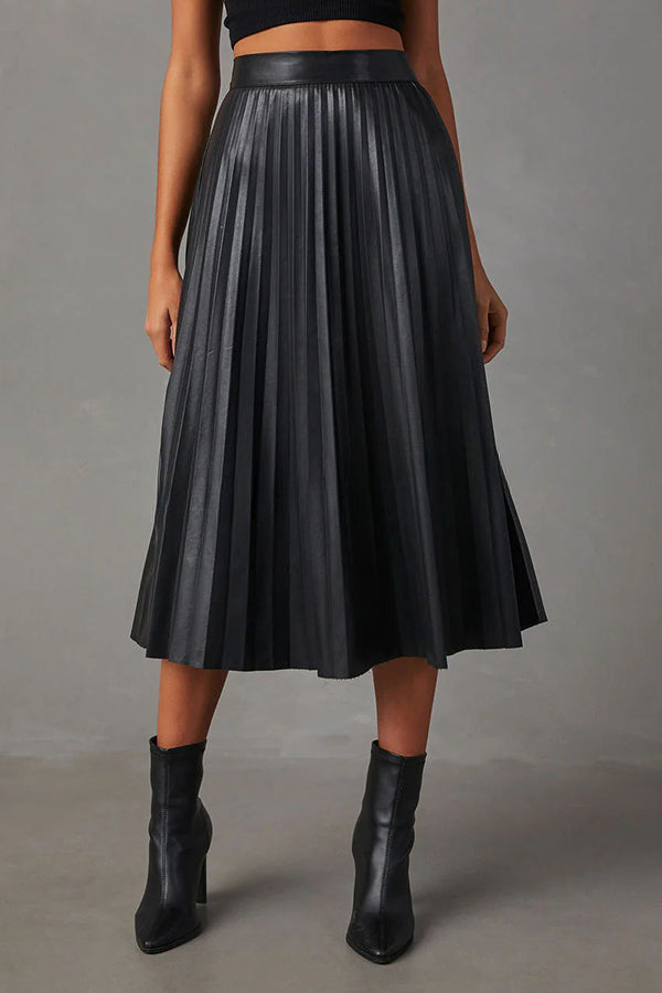 Elevated Classic Faux Leather High Waist Pleated Midi Skirt
