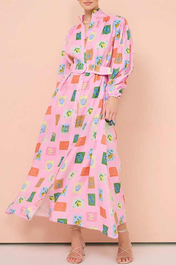 Palm Noosa Geometric Print Belted Long Sleeve Maxi Dress