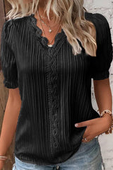 V Neck Solid Color Hollow Lace Shirt