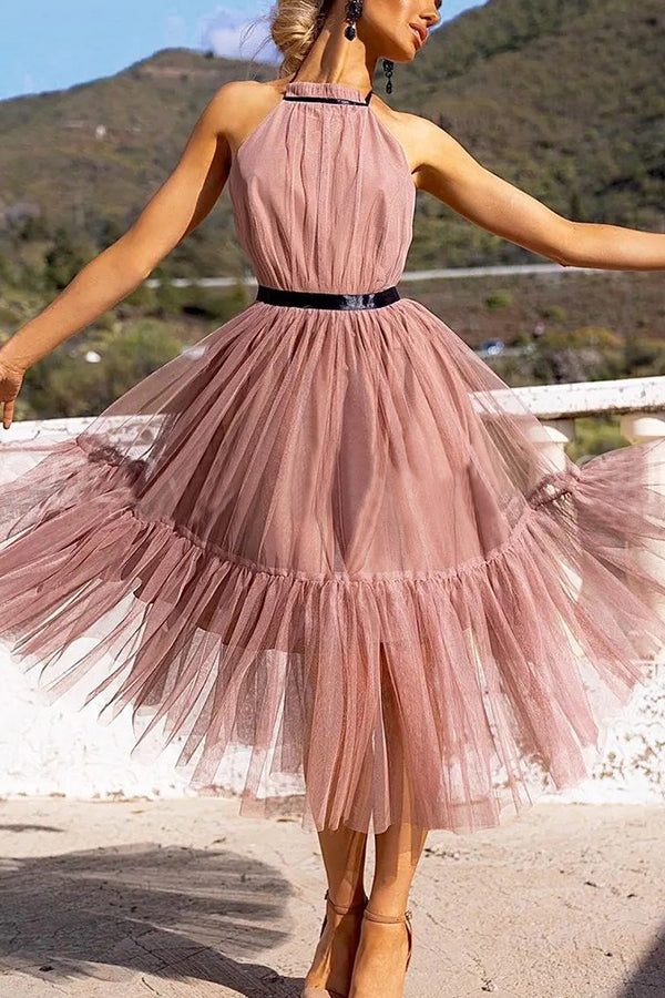 Expect The Best Tulle Halter Neck Midi Dress