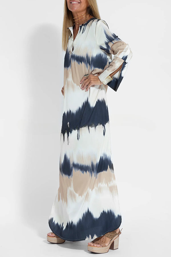 Tie Dye V Neck Pullover Long Sleeve Maxi Dress