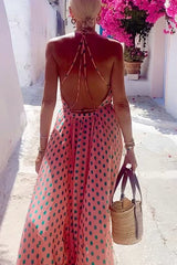 Vacay Mood Polka Dots Print Back Lace-up Swing Maxi Dress