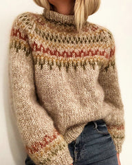 Retro Pattern Knit Colorful Crochet High Neck Pullover Sweater