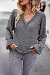 Snao V Neck Knitted Patchwork Pocket Long Sleeve Top