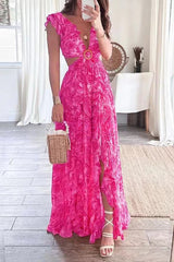 Boldest Bloom Floral Printed Ruffle Sleeve Cutout Maxi Dress