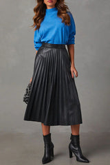 Elevated Classic Faux Leather High Waist Pleated Midi Skirt