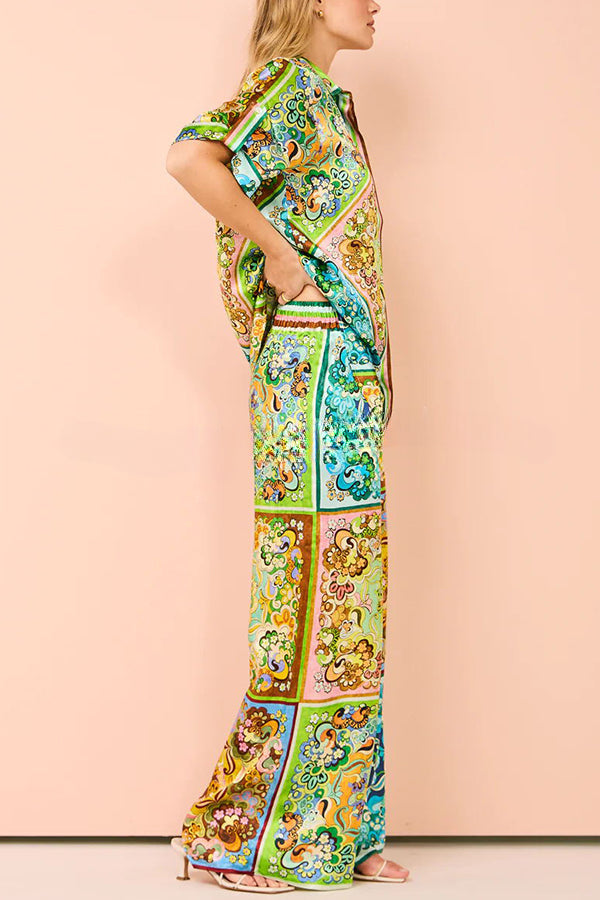 Grace Satin Paisley Color Block Print Elastic Waist Pocketed Wide Leg Pants