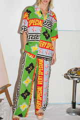 Very Geo Printed Button Down Top and Elasticated Waist Pocket Wide Leg Pants Set