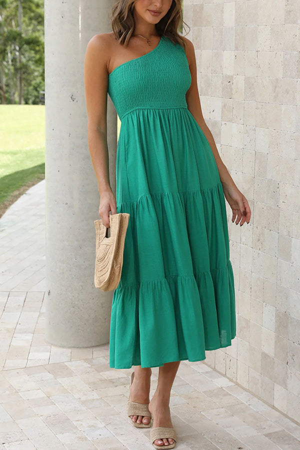 Simply Charmed Pocketed Smocked One Shoulder Tiered Midi Dress