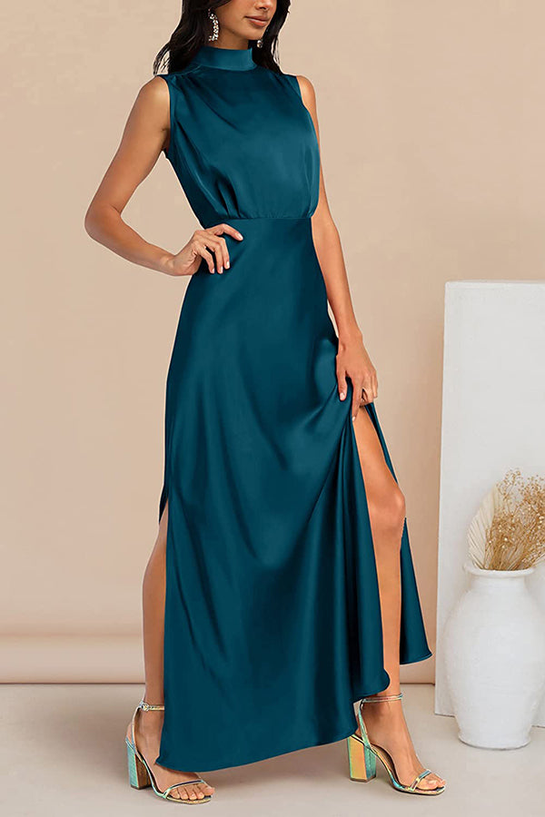 The Story of Us Satin High Neck Slit Maxi Dress