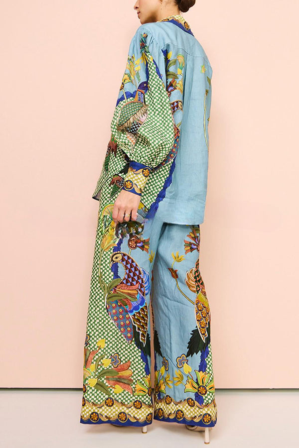Smyrna Unique Heaven Bird Print Elastic Waist Pocketed Wide Leg Pants