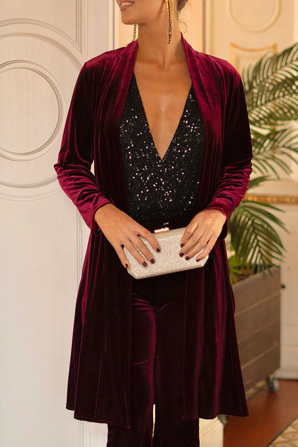 Luxe Lady Velvet Long Sleeve Open Front Drape Midi Kimono