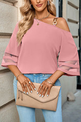 Judith Metal Buckle One Shoulder Mesh Sleeve Blouse