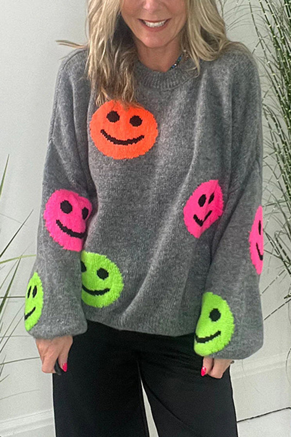 Smiley Face Knit Dropped Shoulders Loose Pullover Sweater