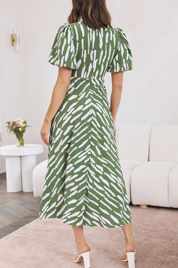 Sweetest Hello Printed Balloon Sleeves Twist Midi Dress