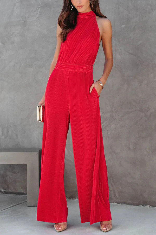 Iconic Lady Pocketed Plisse Wide Leg Jumpsuit